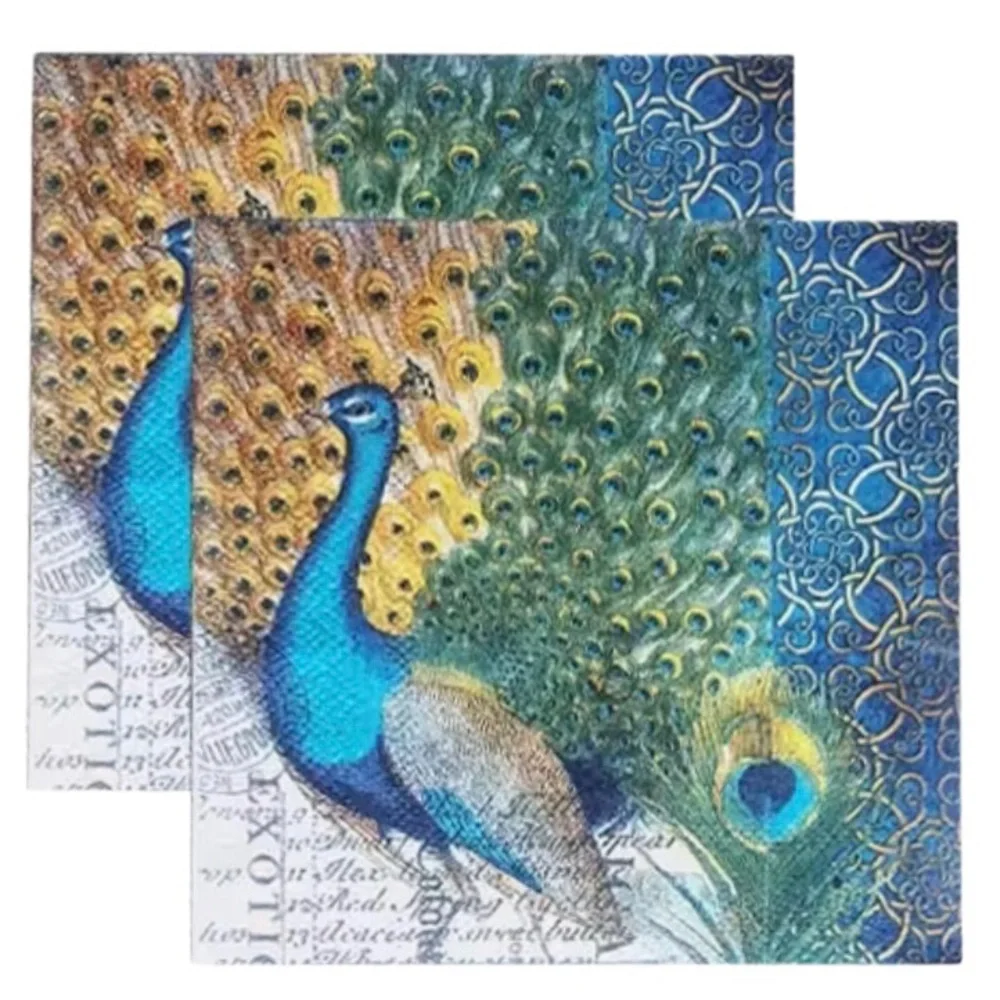 Set of 2 Individual Peacock Decoupage Cocktail Size Napkins Decorative Napkins